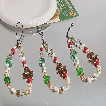 Korean Cute 3D Christmas Gingerbread Man Beaded Phone Acrylic Pendant Keychain For iPhone Girl Anti-Lost Chain Hanging Jewelry