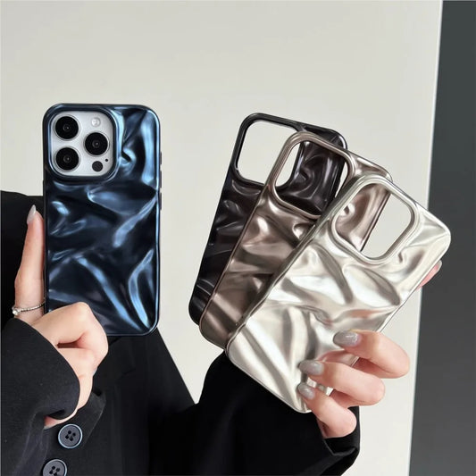 Luxury Matte Silver Water Ripple Phone Case For iPhone 16 15 14 Plus 13 12 Pro Max 11 Creative Frosted Wrinkle Shockproof Cover