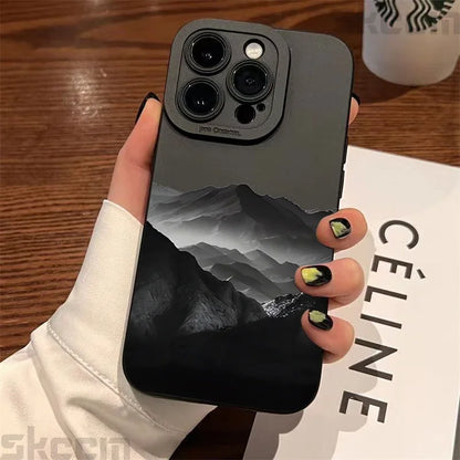 Black Mountain Peak Pattern Phone Case For iPhone 16 15 14 Pro Max 11 12 13 Mini XS XR X 8 7 Plus Shockproof Soft Silicone Cover