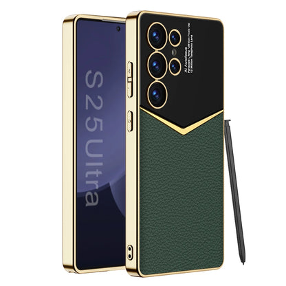 Luxury Leather Plating Frame S24Ultra S25Ultra Case For Samsung Galaxy S23 S24 S25 Ultra Soft Edge Shockproof Protection Cover