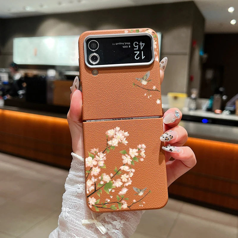 For Samsung Galaxy Z Flip 7 5 4 3 6 5G Small Flowers Folding Phone Case Leather Texture TPU Soft Cover For Samsung Z Flip3 Flip4
