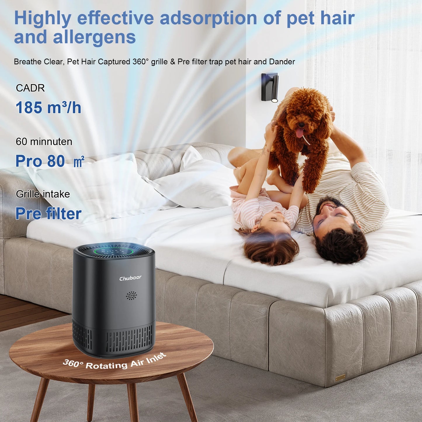Smart Air Purifier for Home CADR 250m³/h for 18m² App Control H13 HEPA for Bedroom office for Smoke Pet Hair Dust Pollen Odor