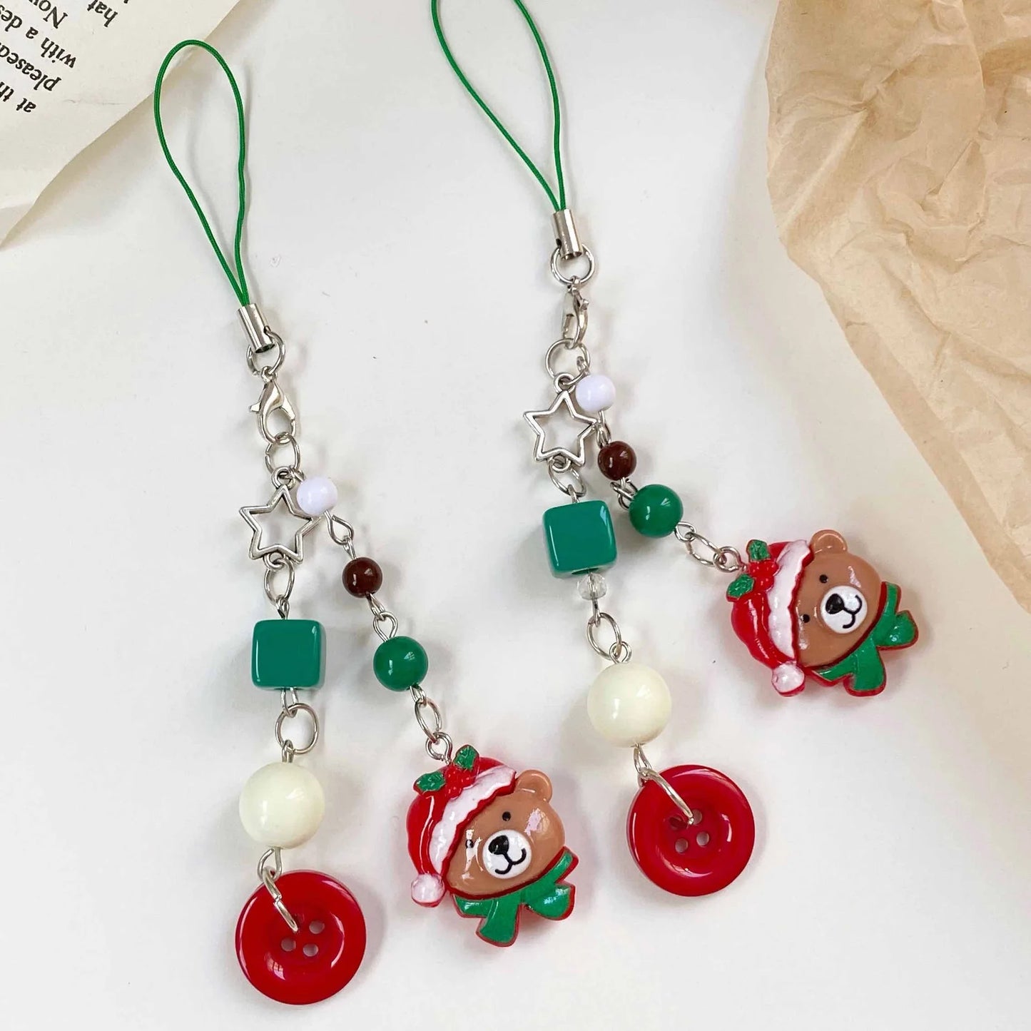 Christmas Phone Lanyard Gingerbread Man and Bear Pendant Christmas Tree Holiday Gifts Animal Beaded Phone Chain Keychain