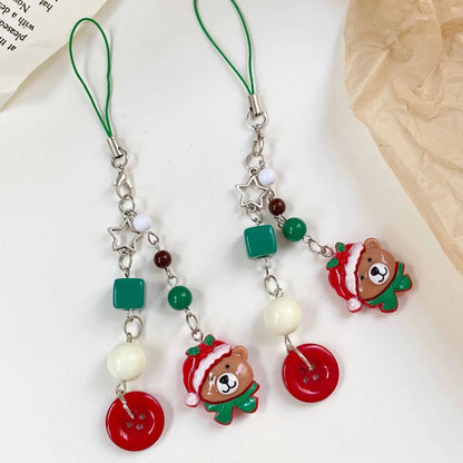 Christmas Phone Lanyard Gingerbread Man and Bear Pendant Christmas Tree Holiday Gifts Animal Beaded Phone Chain Keychain