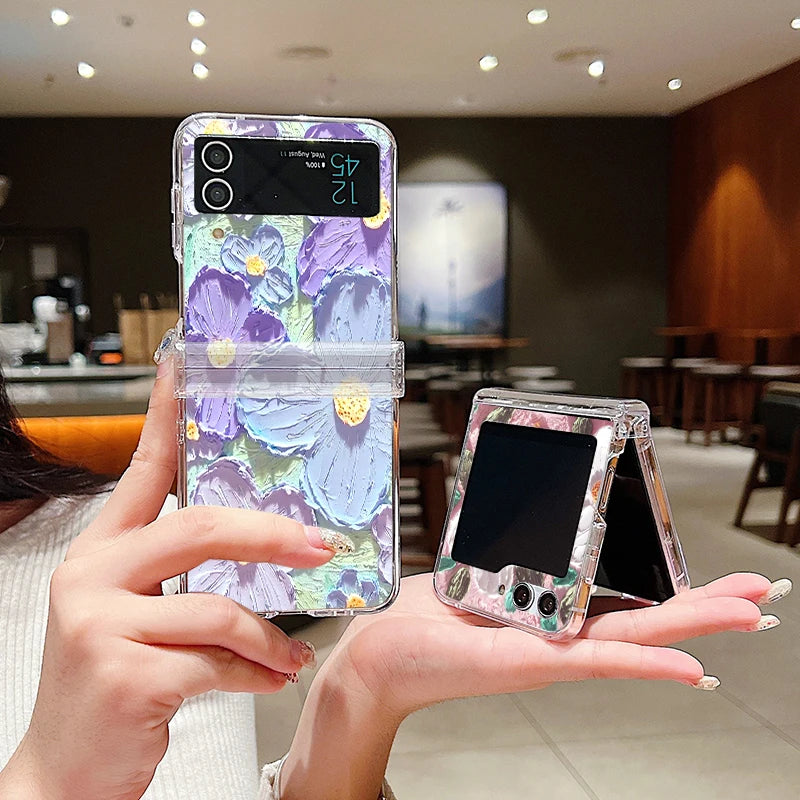 Oil Painting Flower Clear Case For Samsung Galaxy Z Flip 7 6 5 4 3 5G Folding Hard Phone Cover For Samsung Z Flip5 Flip4 Flip3