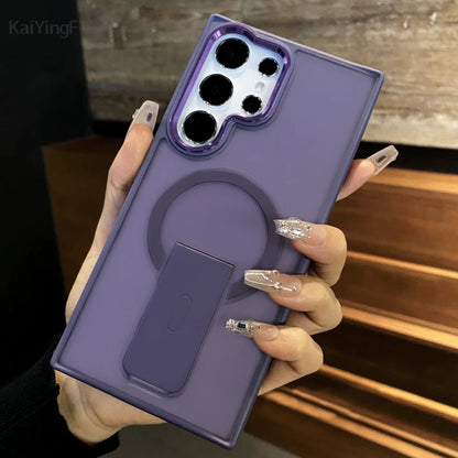 Luxury Magnetic Wireless Charge For Magsafe Case For Samsung Galaxy S25 S23 Ultra S24 Plus FE Folding Stand Holder Matte Cover