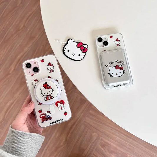 Cute Sanrio Hello Kitty Magnetic Wallet Bracket Magsafe Wireless Charge Phone Case For iPhone 16 15 14 13 12 11 Pro Max Cover