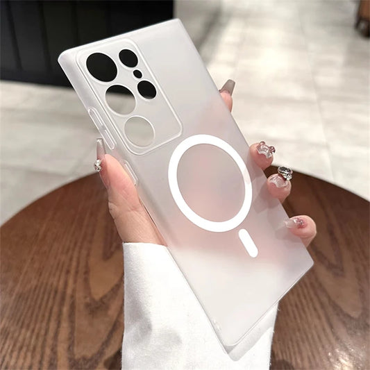 For Magsafe Ultra-Thin Matte Clear Case For Samsung S25 S24 S23 S22 Ultra Plus Magnetic Wireless Charging Hard Translucent Cover