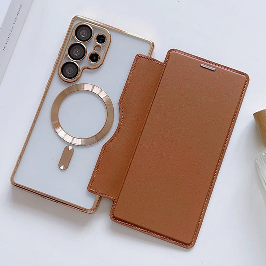 Flip Cover Plating Clear Magnetic Fold Wallte Case For Samsung S25 Ultra S24 FE S23 S22 Plus Slot Card Bag Holder Soft Cover