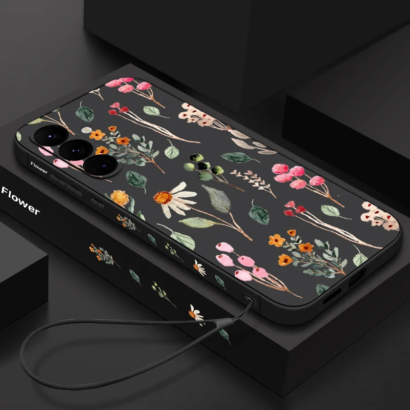 Luxury Flower Print Lanyard Case For Samsung Galaxy A55 A54 5G A35 A25 A15 A14 A34 A52 S21 FE S22 S23 S24 Ultra Silicone Cover