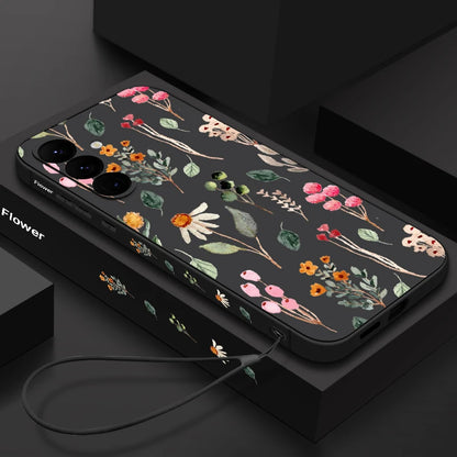 Luxury Flower Print Lanyard Case For Samsung Galaxy A55 A54 5G A35 A25 A15 A14 A34 A52 S21 FE S22 S23 S24 Ultra Silicone Cover