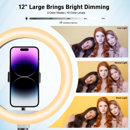12" 3-Color Ring Light with Handle & 160cm Quick-Release Tripod – Dimmable LED for Selfie/Makeup/Live Streaming