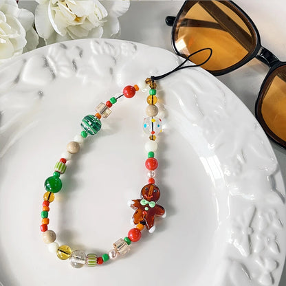 Korean 3D Cute Cartoon christmas  ornaments Gingerbread man Beaded Phone Chain Lanyard Charm Keychain For iPhone Anti-Lost Chain