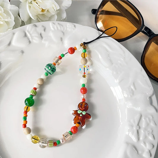 Korean 3D Cute Cartoon christmas  ornaments Gingerbread man Beaded Phone Chain Lanyard Charm Keychain For iPhone Anti-Lost Chain