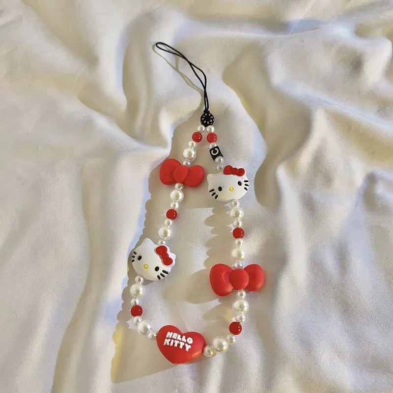 Sanrio Cartoon Hello Kitty Phone Chain Cute Girl Heart Bead String Phone Case Hanging Rope Keychain kawaii pendent Holiday Gifts
