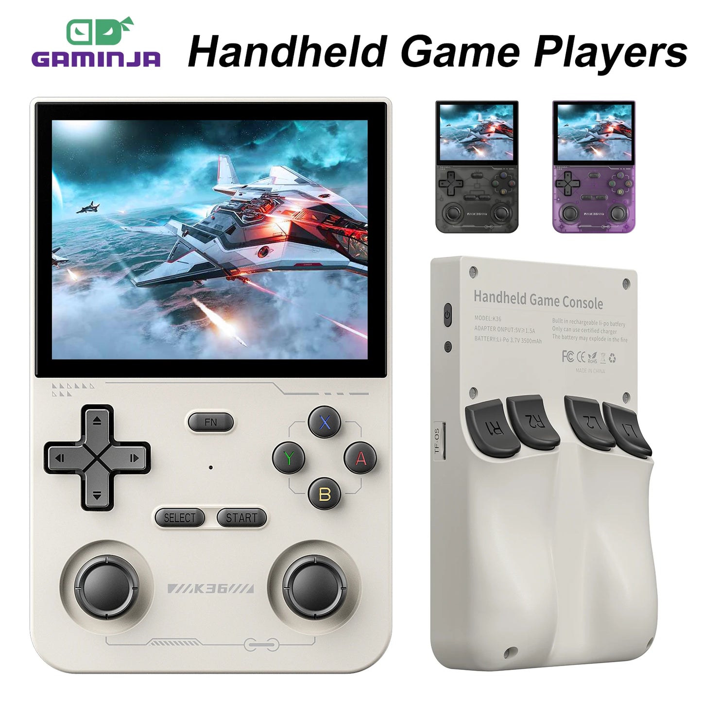 GAMINJA Open Source K36 Retro Handheld Video Game Console 16000 Games Emulator for PS1/PSP/DC/N64/SS 500nit 3.5 Inch IPS Screen