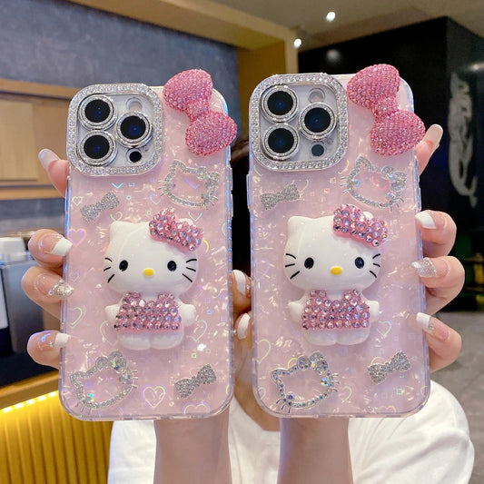 Cute Cartoon Sanrio Hello Kitty Bling Glitter 3D Stereoscopic  Phone Case For iPhone 17 16 15 14 13 12 Pro Max Cases Hard Cover
