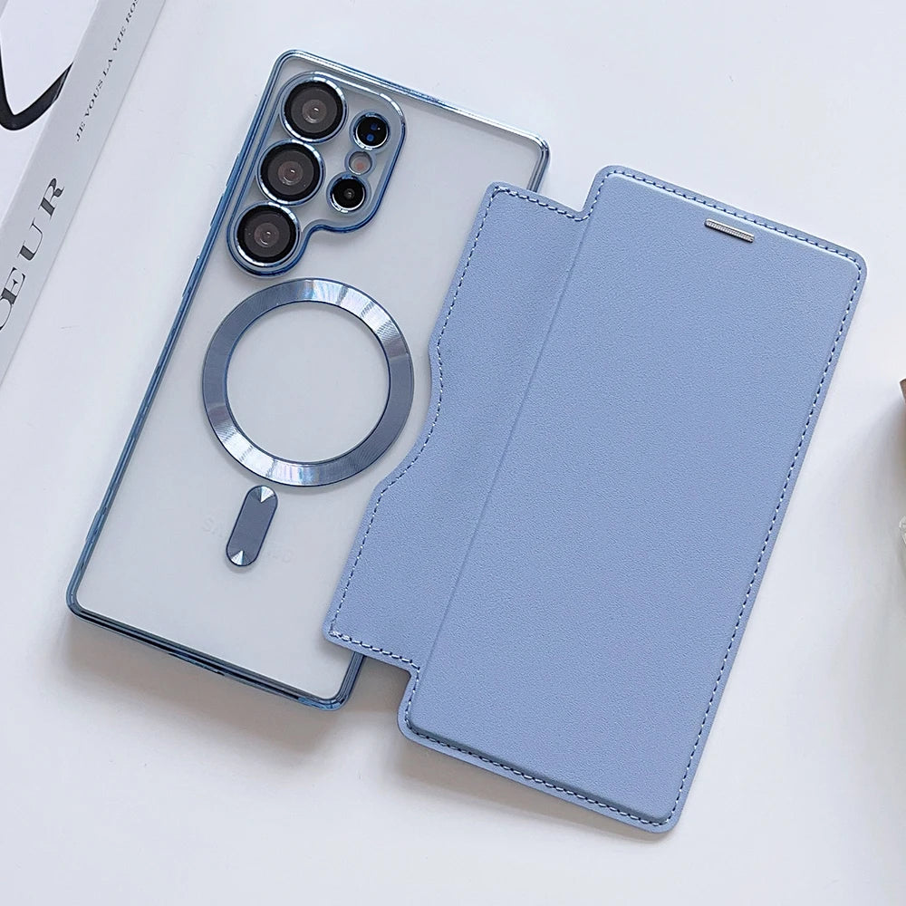 Flip Cover Plating Clear Magnetic Fold Wallte Case For Samsung S25 Ultra S24 FE S23 S22 Plus Slot Card Bag Holder Soft Cover