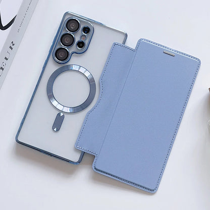 Flip Cover Plating Clear Magnetic Fold Wallte Case For Samsung S25 Ultra S24 FE S23 S22 Plus Slot Card Bag Holder Soft Cover