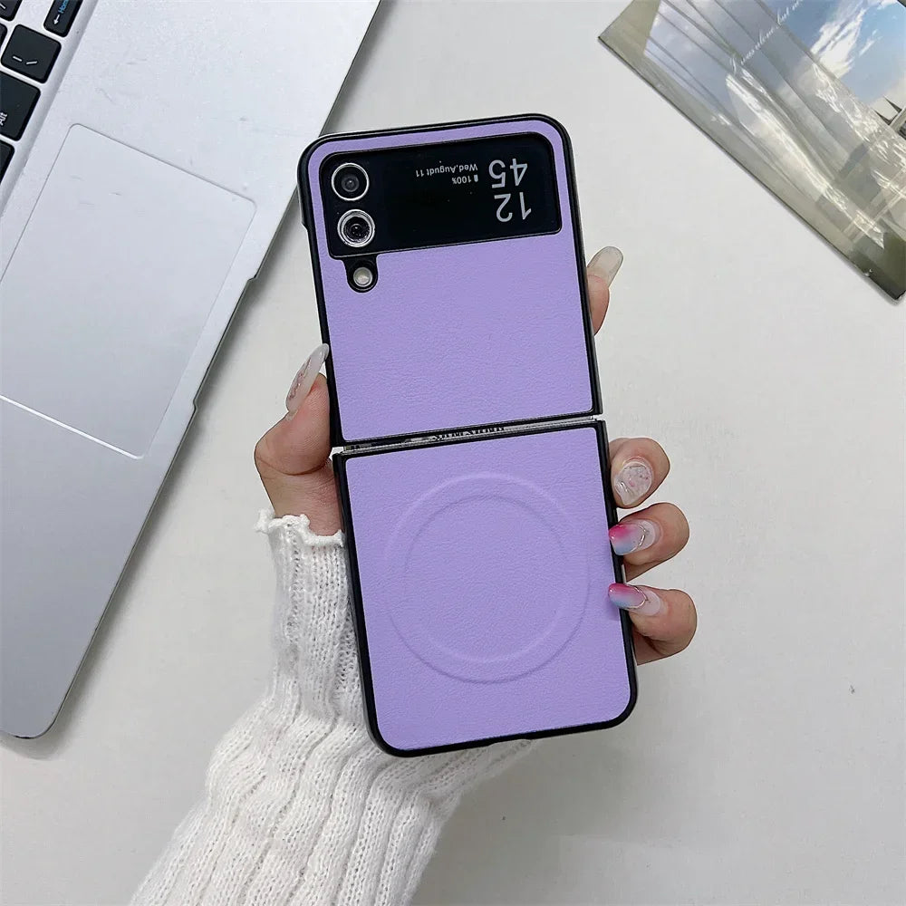 Business PU Leather Magsafe Case for Samsung Galaxy Z Flip 3 4 5 6 7 PC Shockproof Magnetic Wireless Charging Z Flip 6 7 Cover