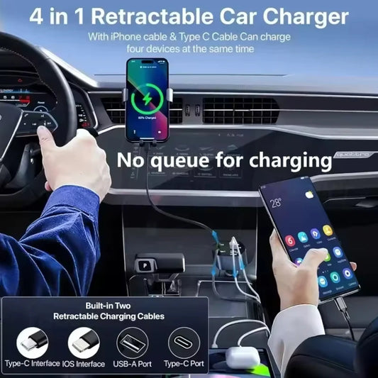 Car Charger Adaptor 120W Fast Charge USB Type C Fast Charger Cable with Retractable Cords Fit for iPhone 16/15/14/13/12 Samsung