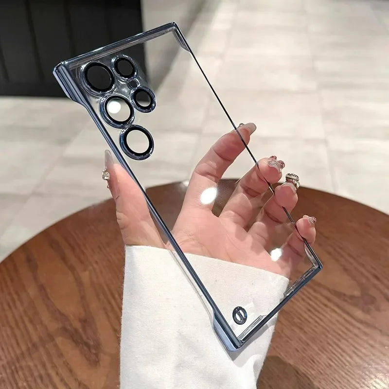 Luxury Plating Frameless Case For Samsung Galaxy S24 S25 Ultra S23 S22 Transparent Camera Lens Protection Shockproof Hard Cover