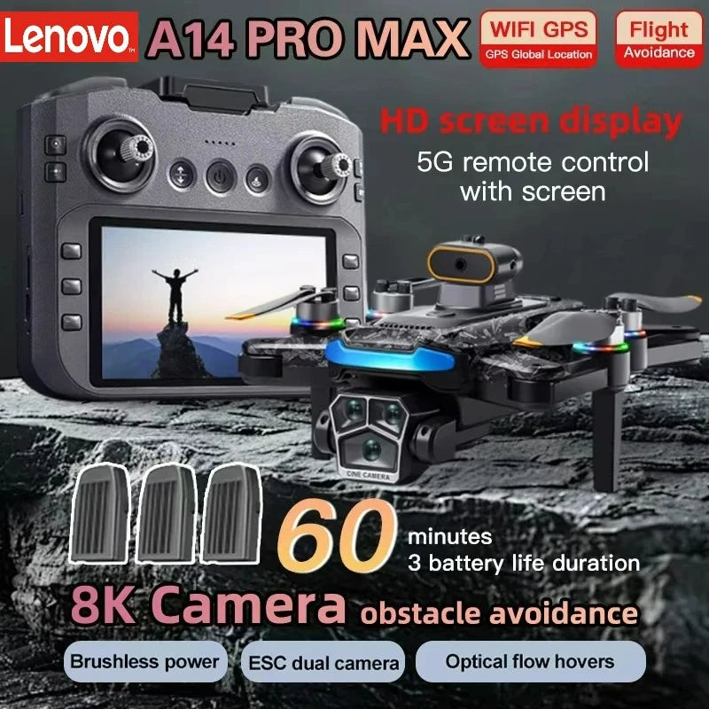 Lenovo  A14Pro max GPS Brushless 8K three Camera Optical Flow Obstacle Avoidance Foldable Quadcopter RC Distance Drone Toys