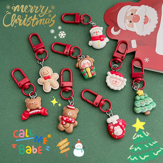 Cartoon Xmas Santa Claus Key Chain Resin Gingerbread Man Elk Snowman Pendant Charms Bag Pendant Christmas Gift