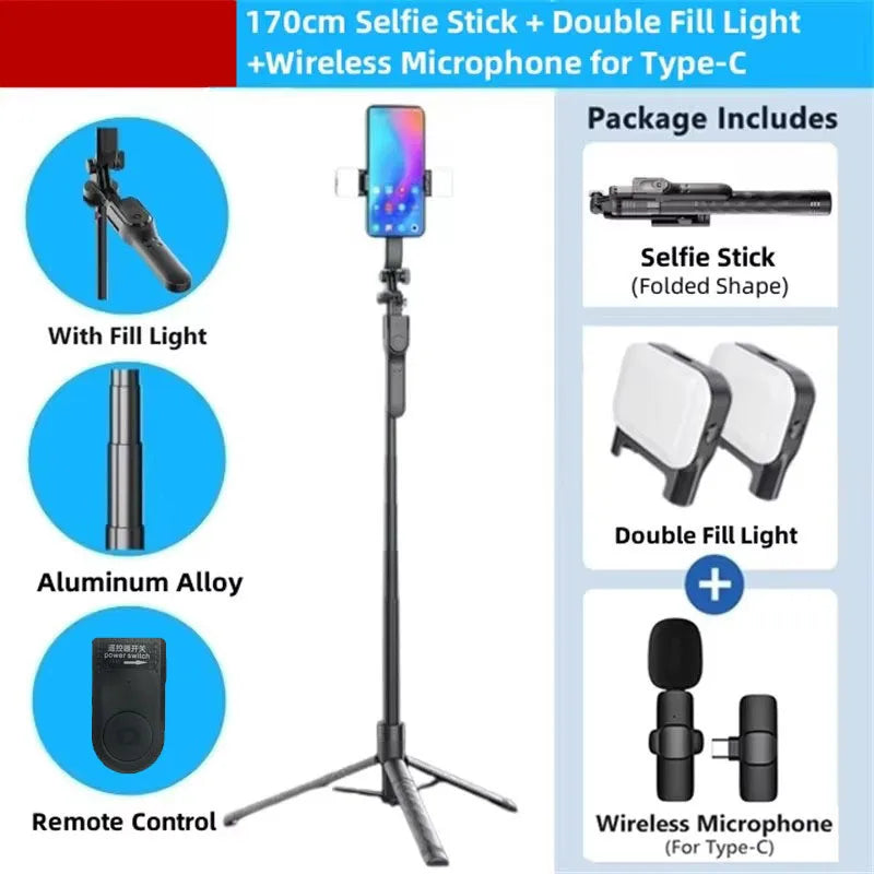 BSLIUFANG 2025 1.7M 360° rotation wireless convenient remote control selfie stick tripod foldable stand with light smartphone