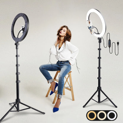 12" 3-Color Ring Light with Handle & 160cm Quick-Release Tripod – Dimmable LED for Selfie/Makeup/Live Streaming