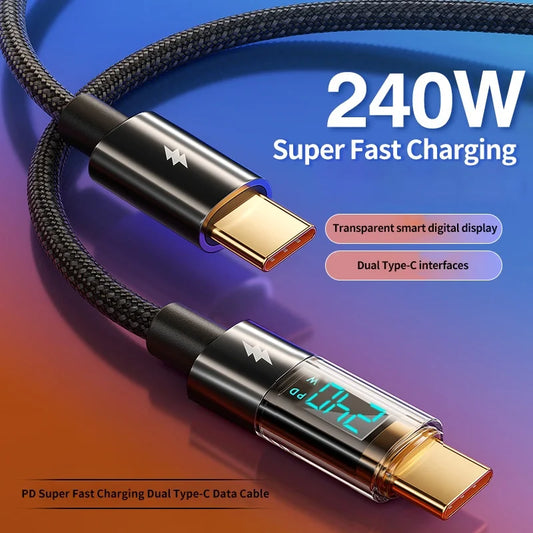 240W PD Fast Charging Type C to Type C Cable 100W Digital Display USB to Type C Cable For Xiaomi HUAWEI Macbook iPad