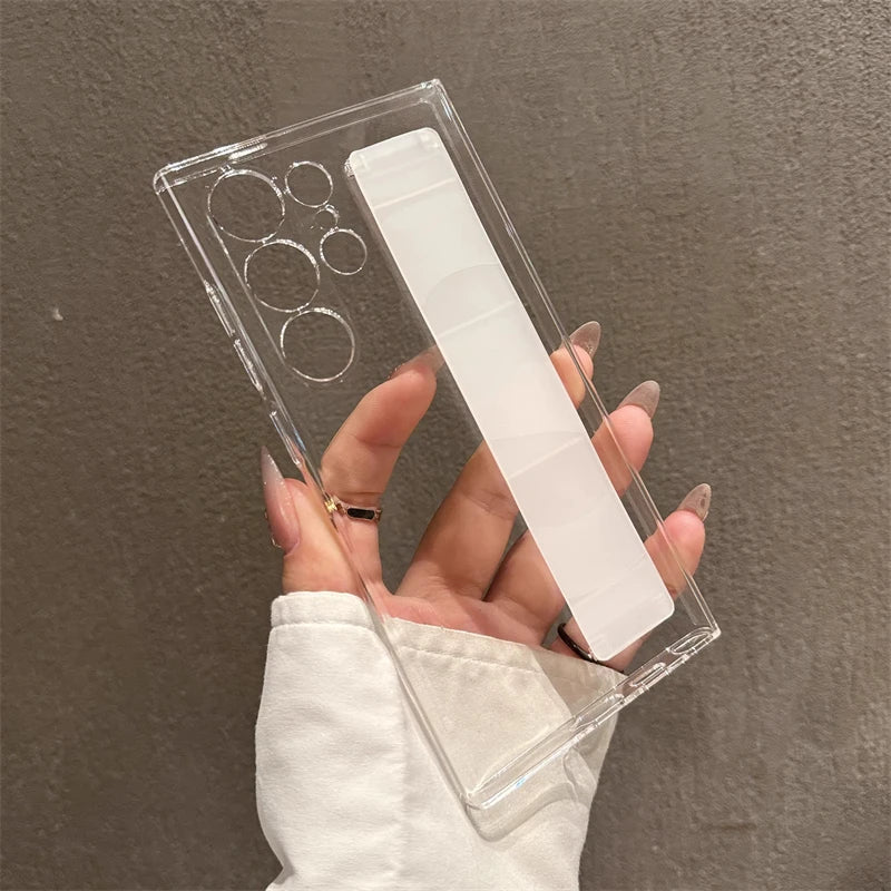 Luxury Ultra-Thin Matte Elastic Silicone Wrist Strap Shockproof Case For Samsung S25 Edge S24 S23 Ultra Plus PC Hard Clear Cover