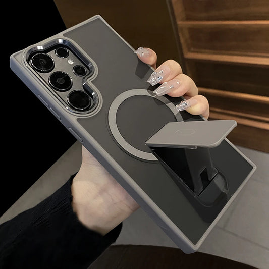 Luxury Magnetic Wireless Charge For Magsafe Case For Samsung Galaxy S25 S23 Ultra S24 Plus FE Folding Stand Holder Matte Cover