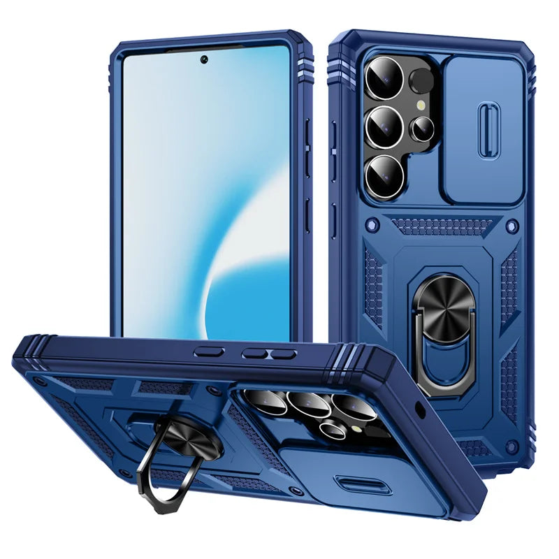 Heavy Duty Armor Phone Case For Samsung Galaxy S25 S24 S23 S22 S21 Ultra S20 FE Plus Note 20 Ultra Lens Protect Ring Stand Cover
