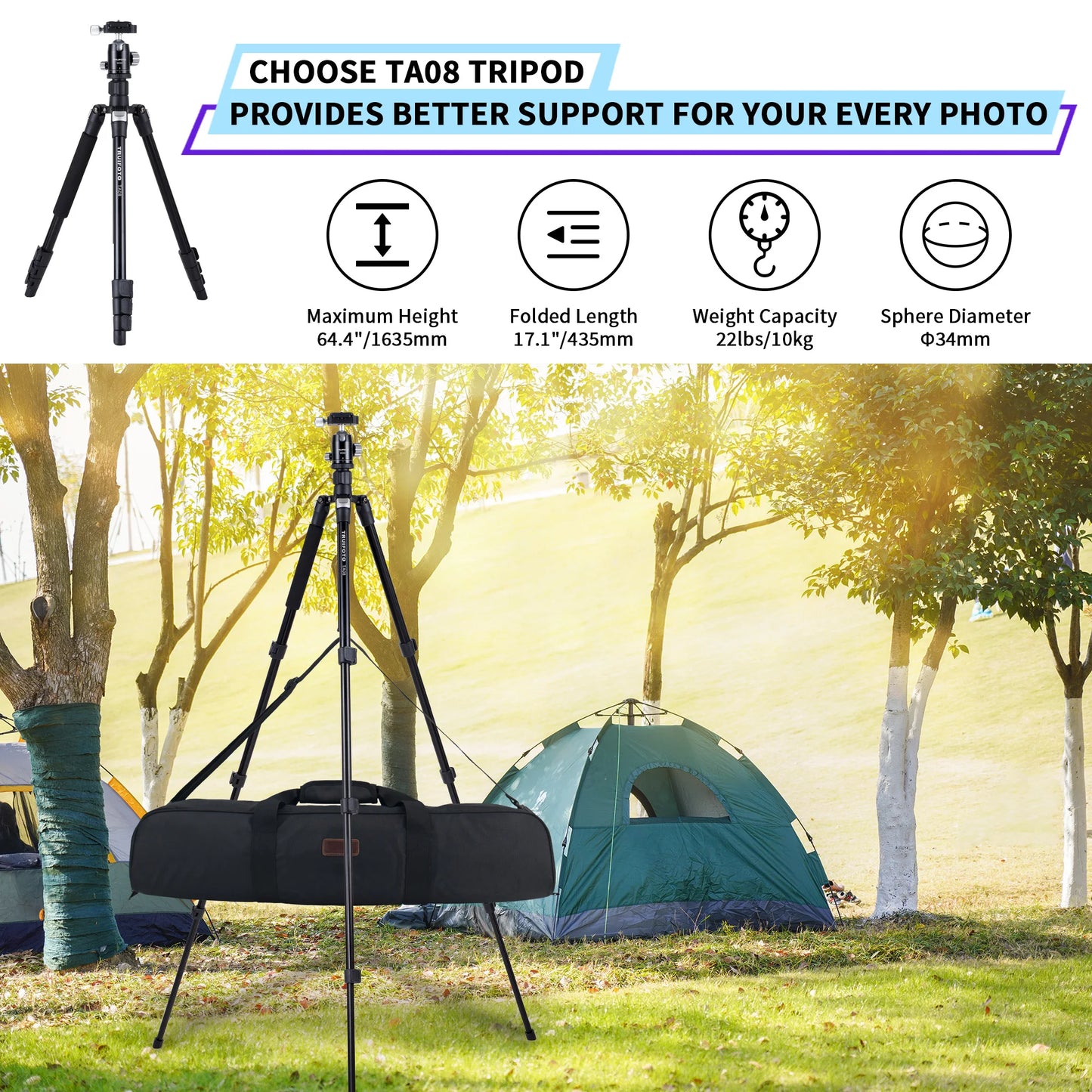 Photography tripod for digital SLR cameras, compatible with macro photography, portable travel tripod with inverted center post