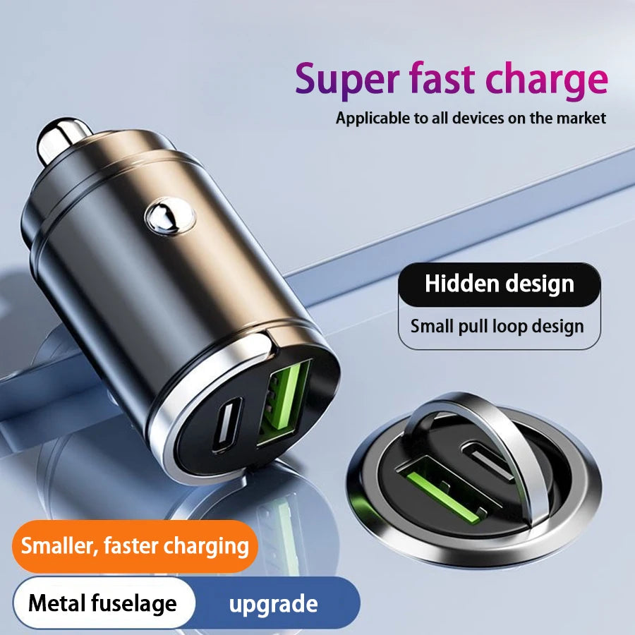 Hidden Mini Car Charger Pull Ring USB+TYPE C Fast Charger Is Suitable For a Variety Of Mobile Phone Devices