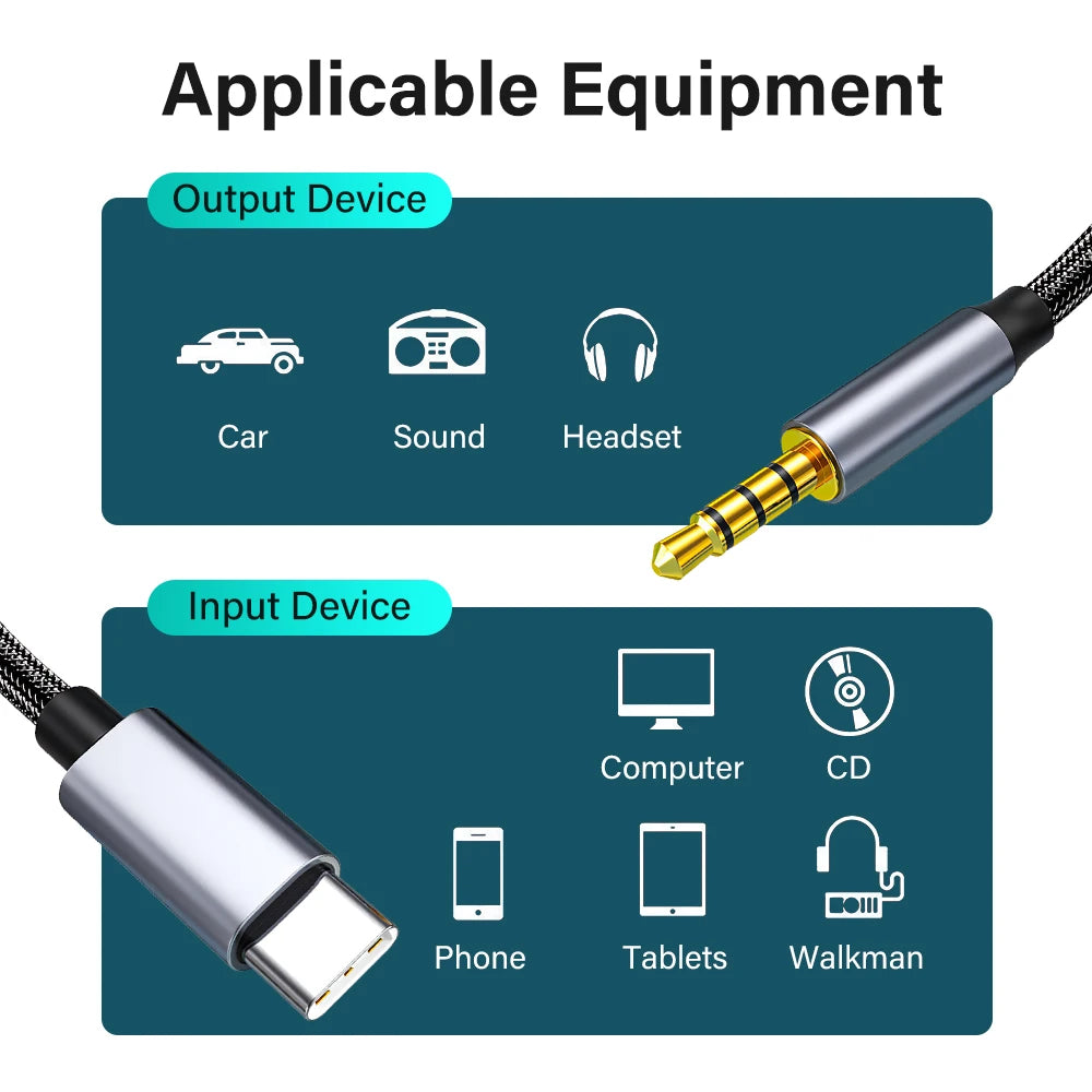 USB C to 3.5mm Jack AUX Audio Cable Car Speaker HiFi Headphone Headset Adapter For iPhone 16 Pro Samsung 0.5m Short 2m 3m Long