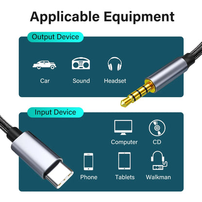 USB C to 3.5mm Jack AUX Audio Cable Car Speaker HiFi Headphone Headset Adapter For iPhone 16 Pro Samsung 0.5m Short 2m 3m Long