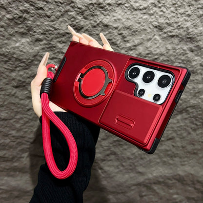 Armor Magnetic Bracket Case For Samsung Galaxy S25 S24 S23 S22 S21 Ultra Plus With Lanyard Slide Camera Protect Shockproof Cover