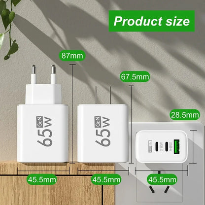 Total 65W GaN Charger USB PD Type C Fast Charging Muti 3 Ports Mobile Phone Adapter For iPhone 15 Pro Max Samsung Xiaomi Huawei