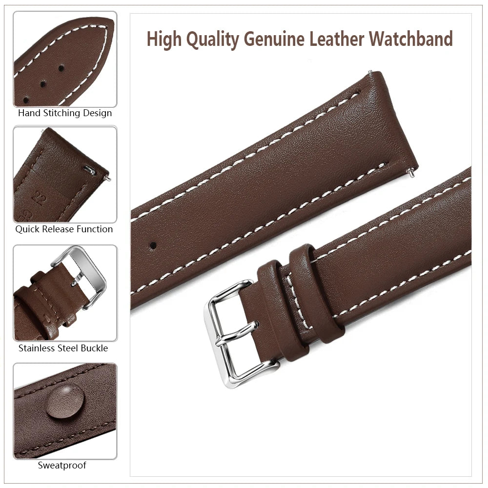 Top Grain Genuine Leather Watch Band, Quick Release 12/14/16/18/19/20/21/22/24 mm Watch Straps, Replacement Bands for Men Women