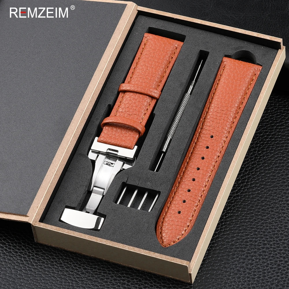 Litchi Pattern Design Leather Wrist Band 18mm 20mm 22mm Men Women Strap with Butterfly Buckle Gift Box Packaging Watchband