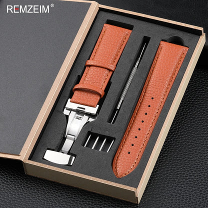 Litchi Pattern Design Leather Wrist Band 18mm 20mm 22mm Men Women Strap with Butterfly Buckle Gift Box Packaging Watchband