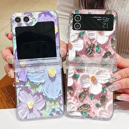 Oil Painting Flower Clear Case For Samsung Galaxy Z Flip 7 6 5 4 3 5G Folding Hard Phone Cover For Samsung Z Flip5 Flip4 Flip3