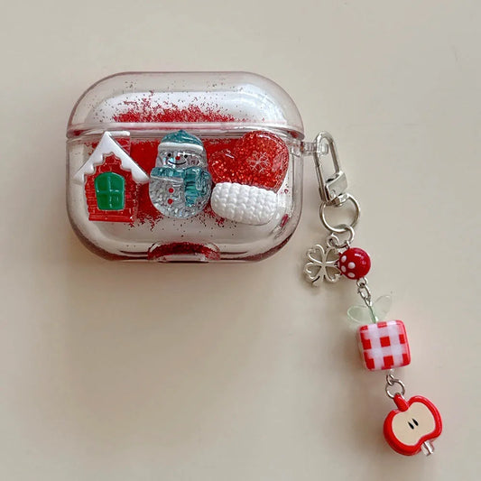 Christmas 3D Snowman Gloves Shiny Quicksand Case For AirPods Pro3 2025 Airpod 4 3 2 Pro 2 Luxury Moving Sand Earphone Hard Cover