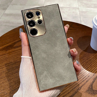 Luxury Plating Matte Suede Leather Case For Samsung Galaxy S25 S24 Ultra S23 S22 Plus Camera Protection Shockproof Bumper Cover