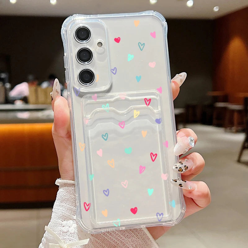 Card Bag Wallet Case For Samsung Galaxy S25 Edge S24 Ultra S23 S24 FE A55 A35 A25 A15 A16 A56 5G A06 Tiny Hearts TPU Phone Cover