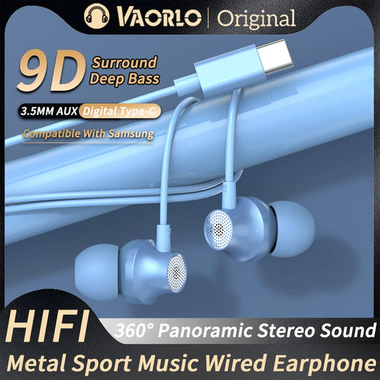9D HIFI Heavy Bass Metal Wired Earphone Digital Type-C/3.5mm AUX With Mic In-Ear Earbuds Sport Music Headset For Samsung Android