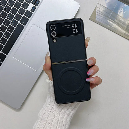 Business PU Leather Magsafe Case for Samsung Galaxy Z Flip 3 4 5 6 7 PC Shockproof Magnetic Wireless Charging Z Flip 6 7 Cover