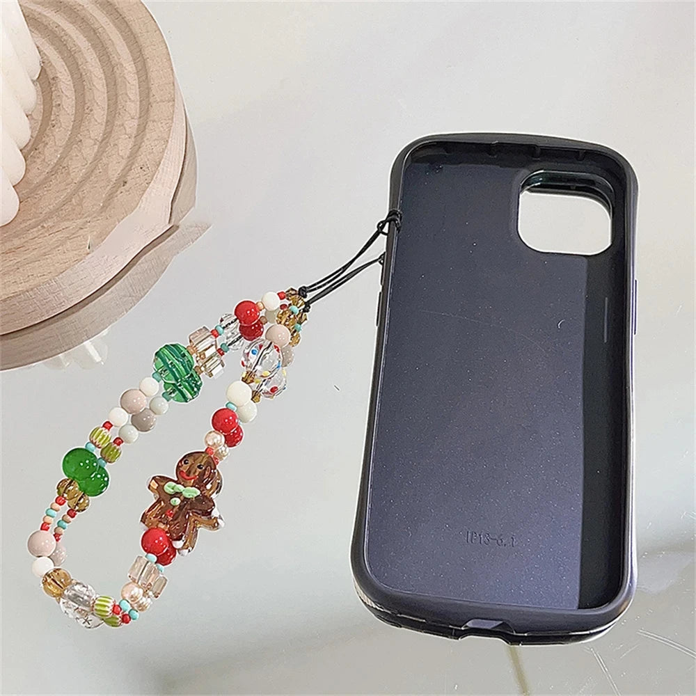 Korean Cute 3D Christmas Gingerbread Man Beaded Phone Acrylic Pendant Keychain For iPhone Girl Anti-Lost Chain Hanging Jewelry